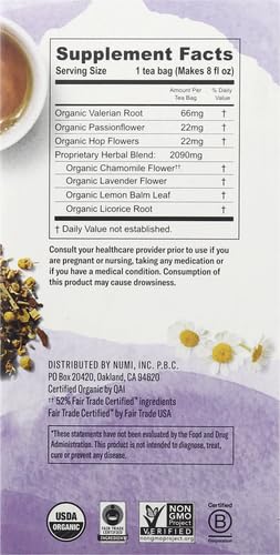 Numi Organic Sweet Slumber Tea with Chamomile, Valerian Root & Lavender, 16 Count Box of Tea Bags Herbal Teasan (Pack of 2)