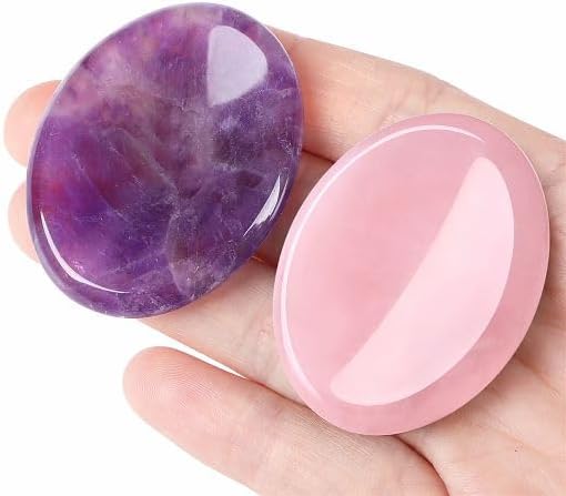 YATOJUZI Thumb Worry Stones for Anxiety Stress Relief Items Healing Crystals Natural Amethyst Rose Quartz Crystal Palm Pocket Stone Gemstones Meditation Reiki Spiritual Gifts for Women Men 2PCS