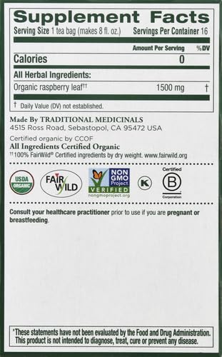 Traditional Medicinals Tea, Organic Raspberry Leaf, Eases Menstrual Cramps, Supports a Healthy Pregnancy, 16 Tea Bags