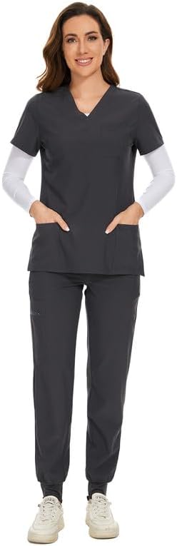 COZYFIT Scrubs for Women Set - Stretch V-Neck Scrub Top & Jogger Pant with 8 Pockets COZY SCRUBS - Colors C