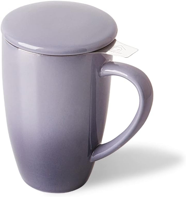 Sweejar Porcelain Tea Infuser Mug with Lid, 16 oz Teacup with Strainers for Loose Leaf Tea, Microwave and Dishwasher Safe Coffee Mug(Purple)