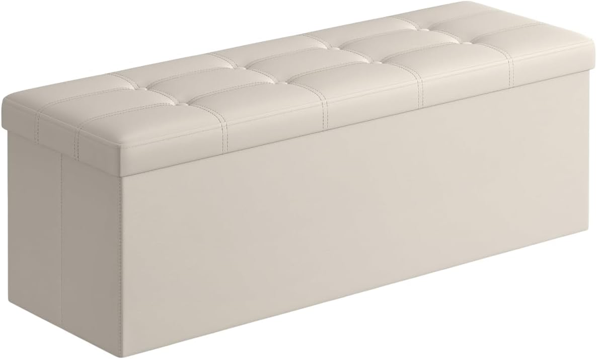 SONGMICS MAZIE Collection - 43 Inches Folding Storage Ottoman Bench, Ottoman with Storage, Foot Rest Stool, Load 660 lb, for Living Room, Synthetic Leather, Black ULSF701