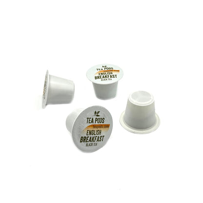English Breakfast black tea pods compatible with Nespresso OriginalLine, single-serve tea capsules for coffee brewing machines. Pack of 18 tea capsules