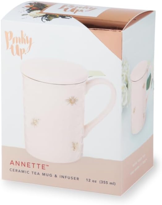 Pinky Up Annette Ceramic Tea Cup with Infuser and Lid, Travel Mug for Loose Leaf Teas, Home Office, Camping, Picnic Party, 12 oz, Set of 1, Honeycomb