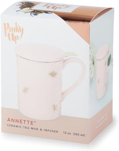Pinky Up Annette Ceramic Tea Cup with Infuser and Lid, Travel Mug for Loose Leaf Teas, Home Office, Camping, Picnic Party, 12 oz, Set of 1, Honeycomb