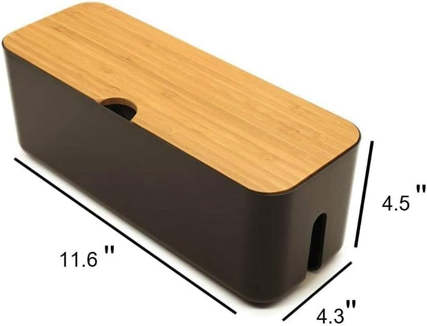 Cable Management Box with Bamboo Lid, Small Power Strip Organizer, Black