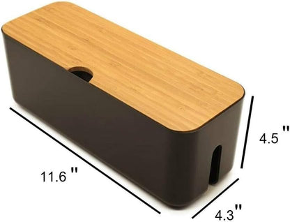 Cable Management Box with Bamboo Lid, Small Power Strip Organizer, Black
