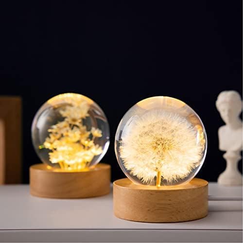Flower Crystal Ball Night Light,2.4 inch Glass Ball Night Lamp with Woodern Base (Dandelion)