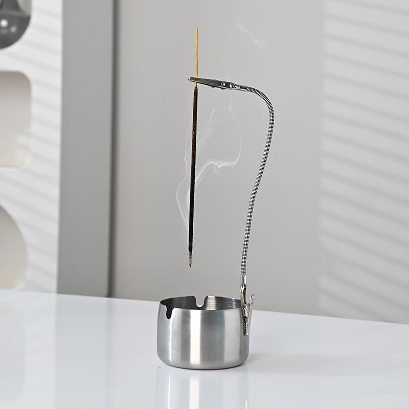 Modern Incense Holder with Flexible Metal Stand, Silver Ash Collector Base, Minimalist Design for Home Meditation and Aromatherapy.(Silver + Clip)