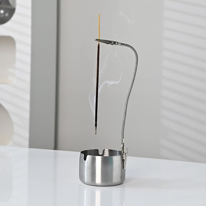 Modern Incense Holder with Flexible Metal Stand, Silver Ash Collector Base, Minimalist Design for Home Meditation and Aromatherapy.(Silver + Clip)