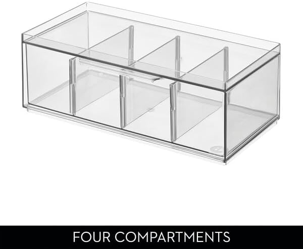 iDesign XL Tea Bag Organizer, Clear, 4-Section | For Counter, Storage Drawer for Cabinet