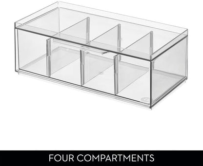 iDesign XL Tea Bag Organizer, Clear, 4-Section | For Counter, Storage Drawer for Cabinet