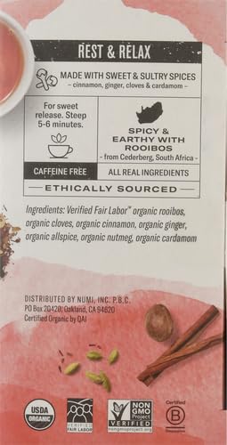 Numi Organic Rooibos Chai Tea, 18 Herbal Bags, Microplastic Free, Rich Flavor with Cinnamon, Allspice & Ginger, Caffeine Free