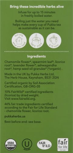 Pukka Organic Peace Herbal Tea with Spearmint, Ashwagandha, and Hemp Seed Oil, Caffeine Free, 20 Total Tea Bags