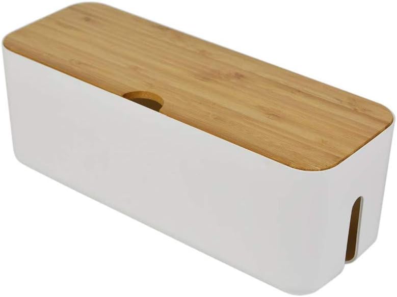 Cable Management Box with Bamboo Lid, Small Power Strip Organizer, Black