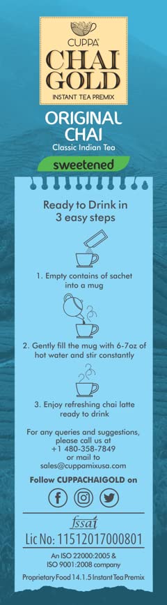 Cuppa Chai Gold Cardamom Chai Instant Tea Premix Sweetened, Rich Cardamom Flavor Tea Beverage Mix, Smooth Creamy Taste, Just Add Hot Water, Convenient Single-Serve Sachets for Home, Office & Travel, 10 Count