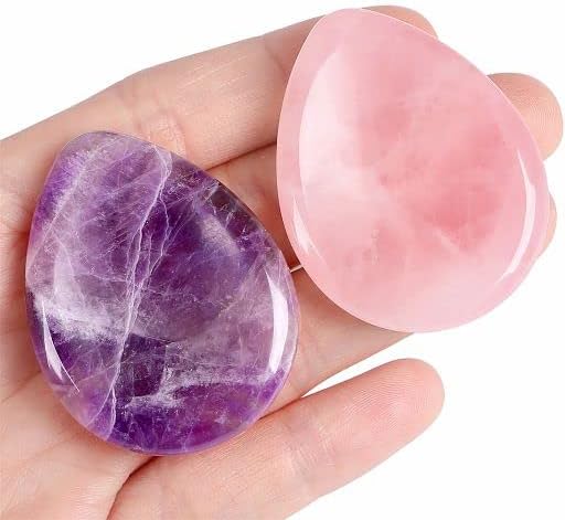YATOJUZI Thumb Worry Stones for Anxiety Stress Relief Items Healing Crystals Natural Amethyst Rose Quartz Crystal Palm Pocket Stone Gemstones Meditation Reiki Spiritual Gifts for Women Men 2PCS