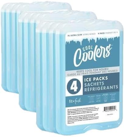 Cool Coolers by Fit & Fresh 4 Pack XL Slim Ice Packs, Quick Freeze Space Saving Reusable Ice Packs for Lunch Boxes or Coolers