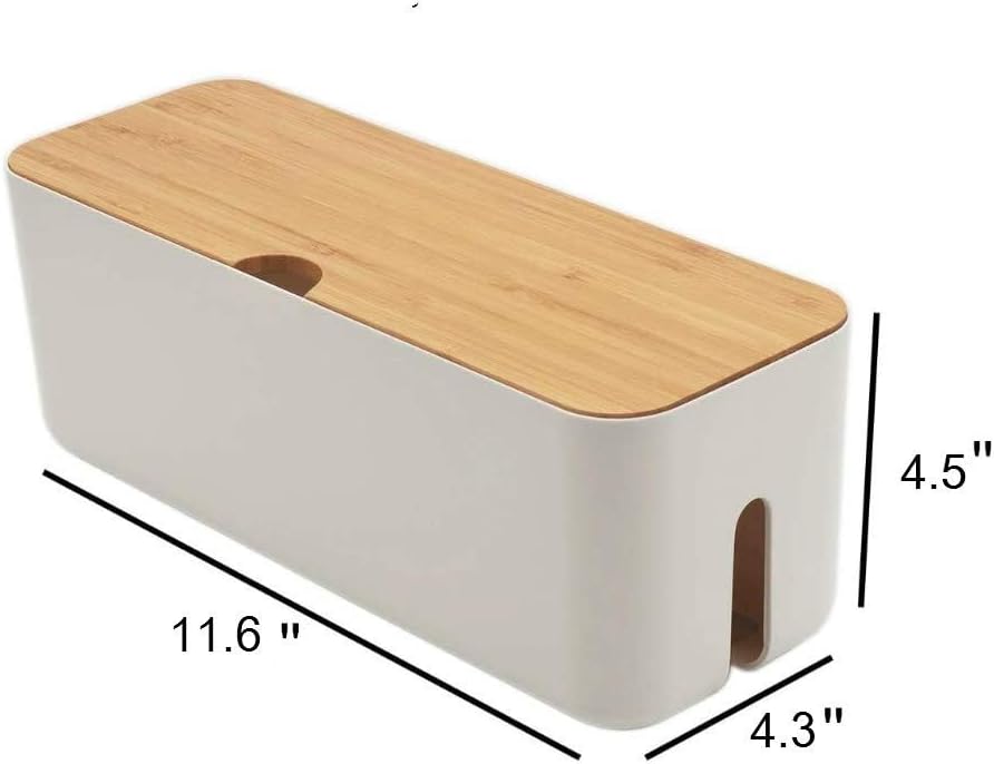Cable Management Box with Bamboo Lid, Small Power Strip Organizer, Black