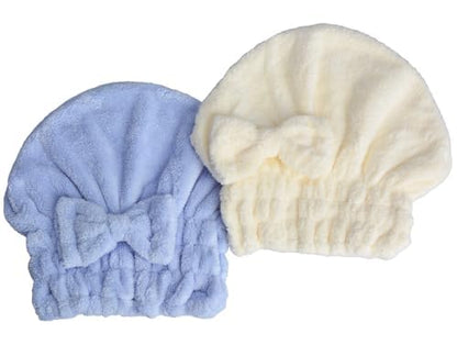 Microfiber Hair Drying Towels Head wrap with Bow-Knot Shower Cap Hair Turban hairWrap Bath Cap for Curly Long & Wet Hair Gift for Women Blackx2