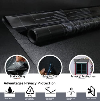 KESPEN Total Blackout Window Film Privacy Static Cling 100% Light Blocking Room Darkening Window Cover Heat Control Anti-UV Glass Sticker Window Tint for Home with Grid Line, 17.5 Inch X 6.5 Feet