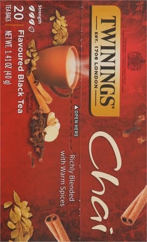 Twinings Chai Black Tea Individually Wrapped Bags, 20 Count (Pack of 2), Sweet, Savoury Spices, Caffeinated, Enjoy Hot or Iced, 20 Teabags