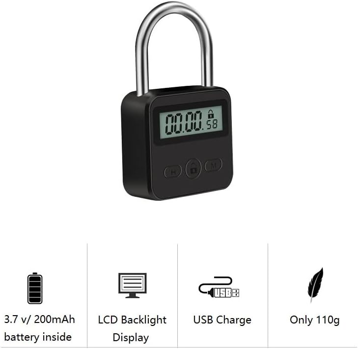 Metal Timer Lock - Electronic Time Padlock with LCD Display - USB Rechargeable (Black)