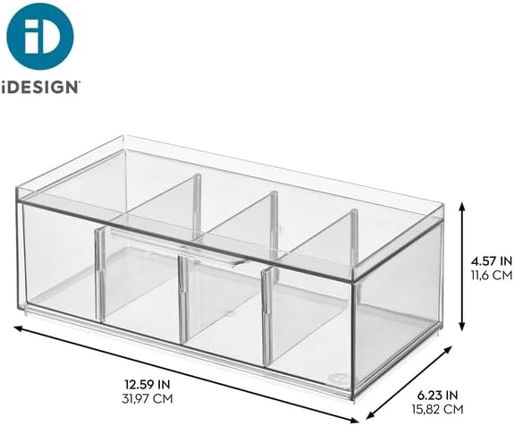 iDesign XL Tea Bag Organizer, Clear, 4-Section | For Counter, Storage Drawer for Cabinet
