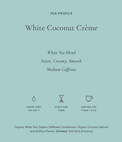 Art of Tea White Coconut Creme White Tea Bags, 50 Pyramid Sachets, Organic White Tea with Coconut & Vanilla Flavor, Low Caffeine Tropical Dessert Tea