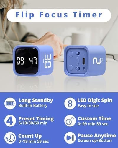 Productivity Timer Flip Gravity Sensor Cube Timer Countdown & Countup,Mute & Vibrate & Sound，5/10/30/60min & Custom Timing, Perfect for ADHD,Work,Learning,Kitchen Cooking (1White)