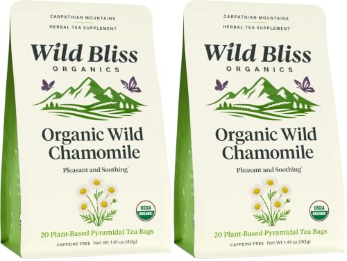 Wild Bliss Organic Chamomile Tea - Caffeine Free Calming Herbal Support - Pharmacopoeia Potency - 20 Plant Based Tea Bags (Pack of 2)