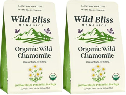 Wild Bliss Organic Chamomile Tea - Caffeine Free Calming Herbal Support - Pharmacopoeia Potency - 20 Plant Based Tea Bags (Pack of 2)
