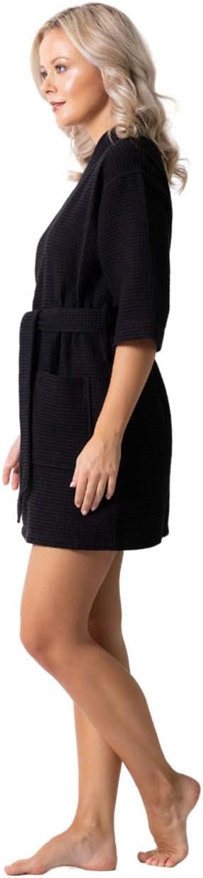 Turkish Linen Lightweight Waffle Knit Bath, Spa & Bridesmaids Kimono Short Robes for Women - Quick Dry & Soft