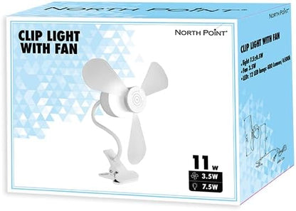 North Point Clip-On Fan with LED Light, Flexible Neck, Desk Clamp, White