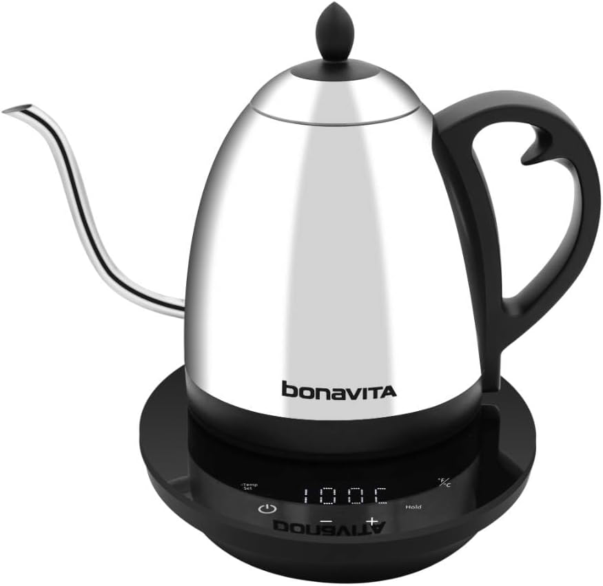 Bonavita 1L Digital Variable Temperature Gooseneck Electric Kettle for Coffee Brew and Tea Precise Pour Control, 6 Preset Temps, Café or Home Use, 1200 Watt, LED Panel, Stainless Steel