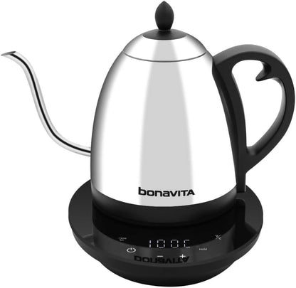 Bonavita 1L Digital Variable Temperature Gooseneck Electric Kettle for Coffee Brew and Tea Precise Pour Control, 6 Preset Temps, Café or Home Use, 1200 Watt, LED Panel, Stainless Steel