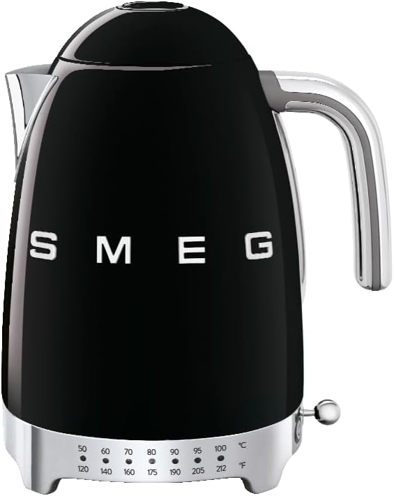 SMEG Variable Temperature Electric Kettle 1.7L (7 Cup), Stainless Steel Tea & Coffee Kettle, Fast Boil, Adjustable Temp 122°F–212°F, Keep Warm, Auto Shut-Off, 360° Base, Retro Style-Black