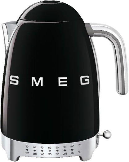 SMEG Variable Temperature Electric Kettle 1.7L (7 Cup), Stainless Steel Tea & Coffee Kettle, Fast Boil, Adjustable Temp 122°F–212°F, Keep Warm, Auto Shut-Off, 360° Base, Retro Style-Black