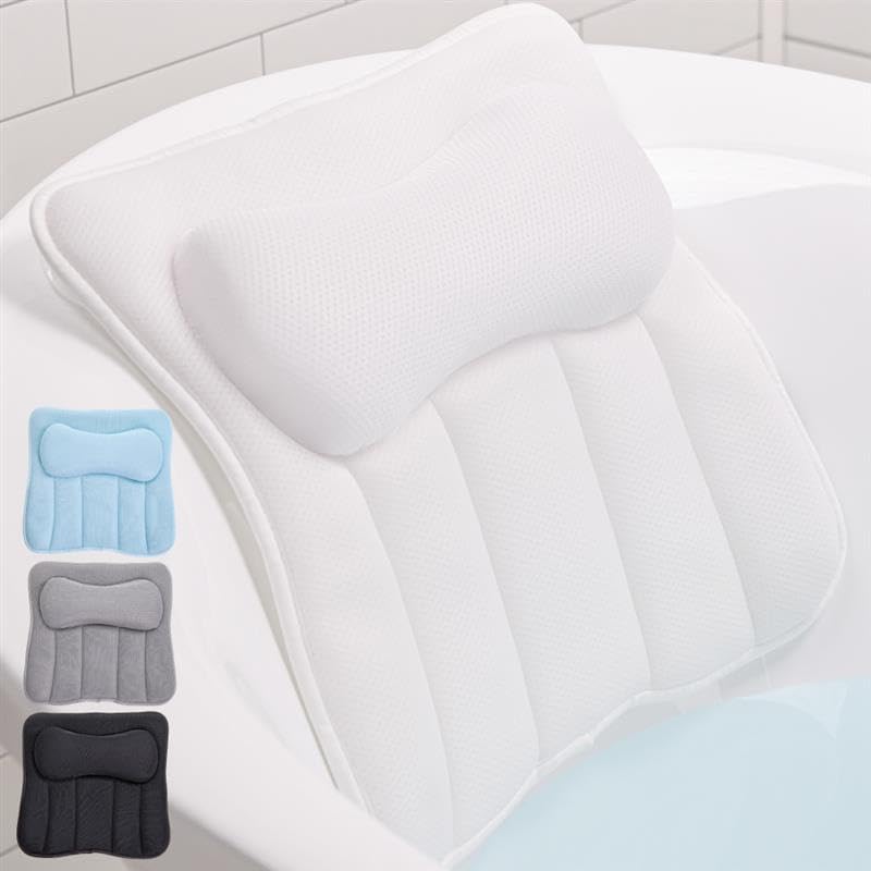 GORILLA GRIP Bath Pillow for Tub, 6 Strong Suction Cups, 4D Mesh FlexComfort Headrest for Neck, Head and Back Support, Luxury Machine Washable Pillows, Bathtub Accessories, Spa Gifts for Women, White