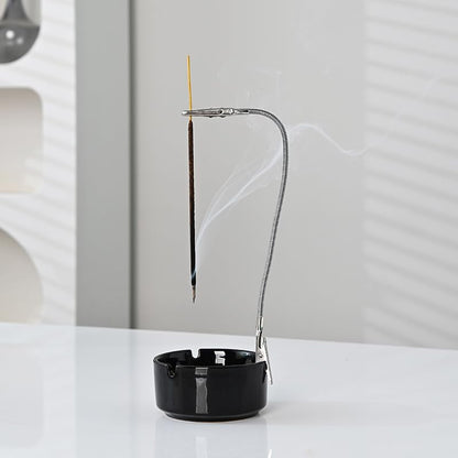 Modern Incense Holder with Flexible Metal Stand, Silver Ash Collector Base, Minimalist Design for Home Meditation and Aromatherapy. (Black + Clip)