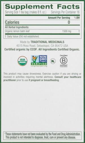 Traditional Medicinals Organic, Lemon Balm - Supports Stress Relief & Digestive Health - Kosher, Non-GMO, Caffeine-Free, Compostable - 16 Tea Bags