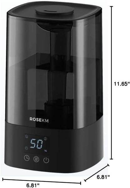 ROSEKM Humidifiers for Bedroom (1.1L), Small Cool Mist Humidifier for Home Plant and Baby Nursery, Quiet Ultrasonic Humidifier with 360° Nozzle, Auto Shut-Off, Filterless, Black