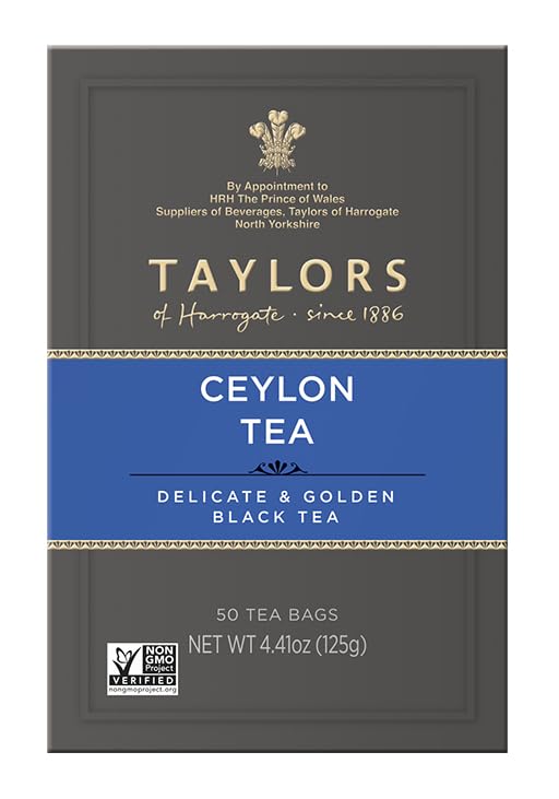 Taylors of Harrogate Pure Ceylon, Black Tea, Pillow Bags, 50 Count (Pack of 6), Bold, Bright, & Brisk, Caffeinated, Enjoy Hot or Iced, 300 Teabags Total