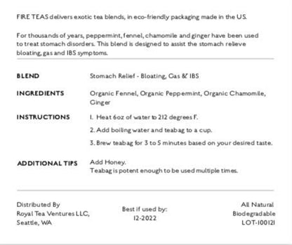 FIRE TEAS Soothing Stomach Relief Tea - For Irritable Bowel (IBS), Diverticulitis, Ulcer & Lining, Abdominal/Gut Discomfort -Organic Fennel, Peppermint, Chamomile, Ginger