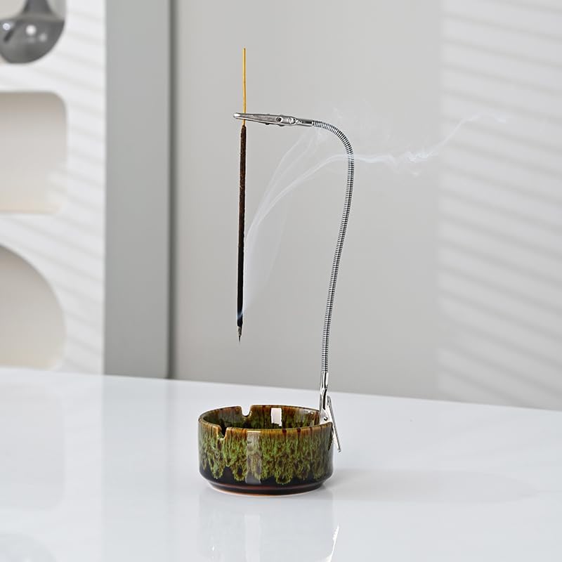 Modern Incense Holder with Flexible Metal Stand, Silver Ash Collector Base, Minimalist Design for Home Meditation and Aromatherapy. (Black + Clip)