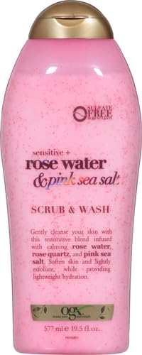 OGX Sensitive + Rose Water & Pink Sea Salt Exfoliating Body Scrub + Rose Quartz, Gentle Exfoliating Daily Body Wash Softens Skin, Body Scrub for Women, Sulfate-Free Surfactants, 19.5 fl oz