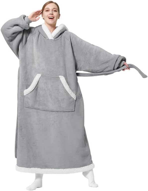 Bedsure Wearable Blanket Hoodie, Long Hooded Blanket Sweatshirt as Mothers Birthday Gifts for Women, Cozy Sherpa Hoodie for Adult, Standard, Grey