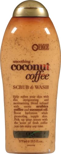 OGX Smoothing + Coconut Coffee Exfoliating Daily Body Scrub with Arabica Coffee & Coconut Oil, Hydrating & Moisturizing Body Wash for Dry Skin, Paraben-Free with Sulfate-Free Surfactants, 19.5 Fl Oz