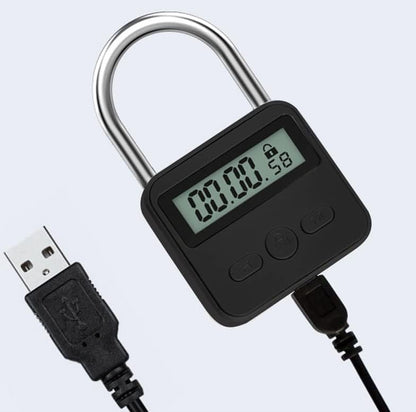 Metal Timer Lock - Electronic Time Padlock with LCD Display - USB Rechargeable (Black)