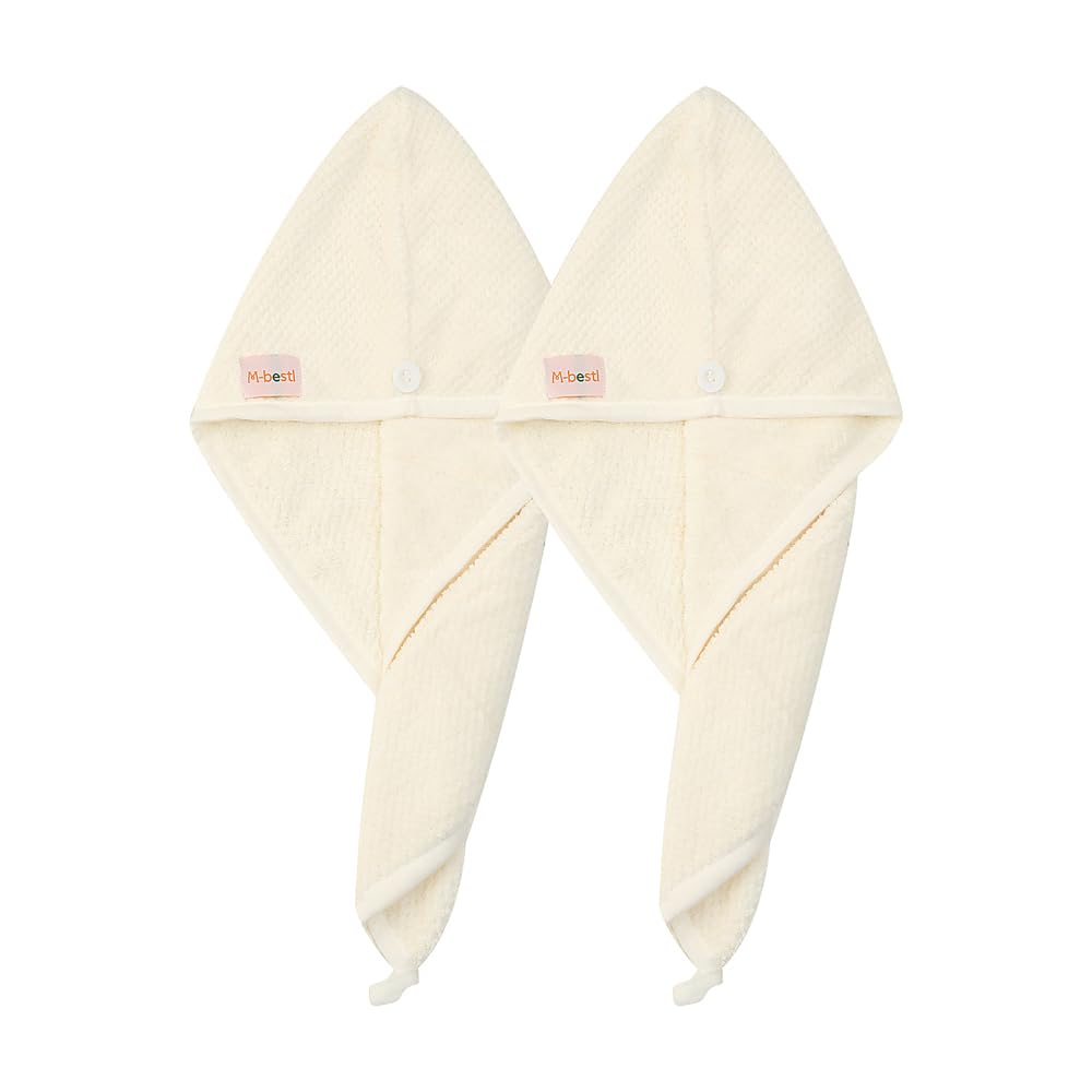 M-bestl 2 Pack Microfiber Hair Towel Wrap,Hair Drying Towel with Button,Quick Dry Hair Towel Turban for Women,Absorbent Anti-frizz Head Towel for Long Thick Curly Hair(Pink&Beige)